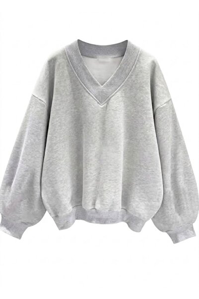 LADY HAZAL Gray Unisex V-Neck Oversize Molded Fabric Sports Sweatshirt Hzlvdü...