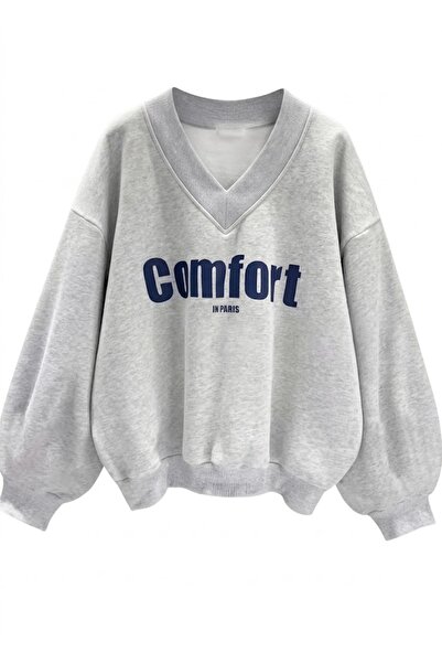 LADY HAZAL Gray Unisex V-Neck Comfort Printed Oversize Patterned Fabric Sport...
