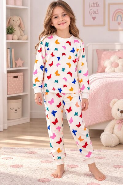 Kız Çocuk Pamuklu Beyaz Renkli Desenli Uzun Kollu Mevsimlik Pijama Takımı