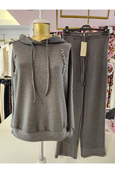 SEÇİLSTORE kadın taş detaylı kapüşonlu sweatshirt eşofman takımı