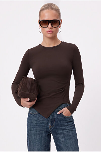 Ritnice Women's Jolie Asymmetrical Detailed Long Sleeve Brown Knitted Blouse
