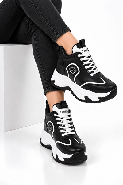 Leyna Women's Black and White Comfortable Fit Wedge Heel Sneakers High Sole [...