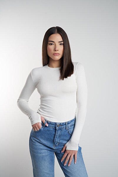 citycenterfashion Women's Ribbed Fabric Crew Neck Basic Blouse Cty-Lbn-3843