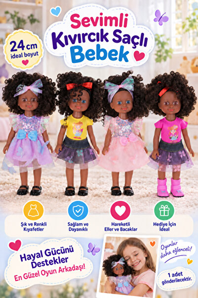 hak-iş oyuncak 24 Cm Kıvırcık Saçlı Koyu Tenli Bebek | 1 Adet Renkli Kıyafetl...