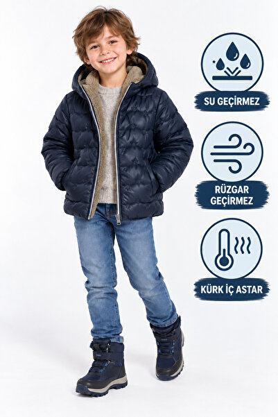 tinytrends Erkek Çocuk Kapüşonlu Kürk Astarlı Su ve Rüzgar Geçirmez Şişme Mont