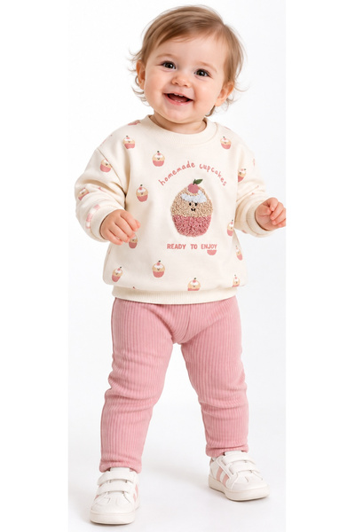 İrem Çocuk Giyim Baby Girl Cupcakes Written Embroidery Beige Color Tights Set...