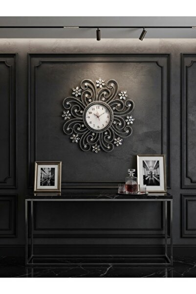 QUARTZ Beyaz Taşlı Siyah Gösterişli Tasarım Sessiz Duvar Saati 50x50
