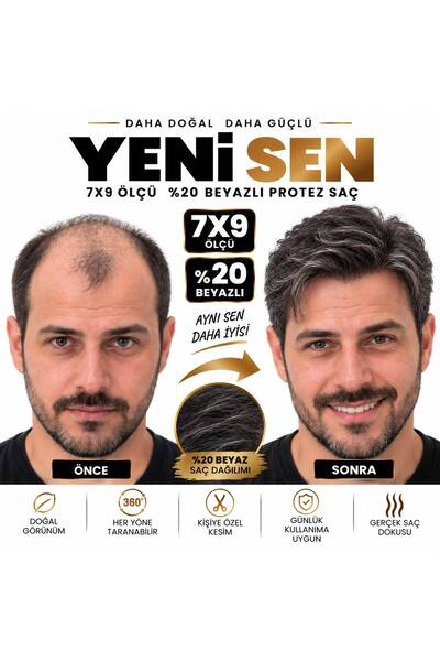 Hairtime 7X9 %20 BEYAZLI PROTEZ SAÇ – DOĞAL SAÇ DOKUSU, DENGELİ BEYAZ DAĞILIM...