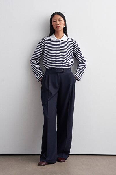 KADRİYE BAŞTÜRK Pleated Palazzo Trousers Navy Blue