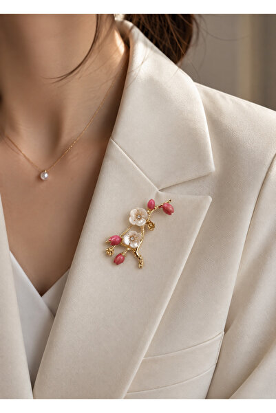 AGAPI Pembe Tomurcuk ve Sakura Çiçeği Detaylı Kadın Broş – Gold Renk Zarif Da...