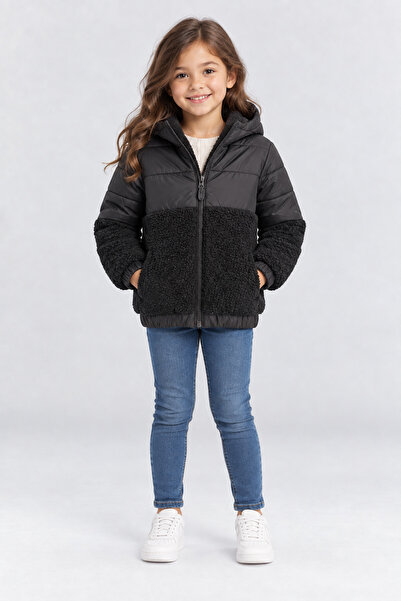 AHENGİM Girl's Hooded Plush Detailed Inflatable Coat with Zipper, Warm Winter...