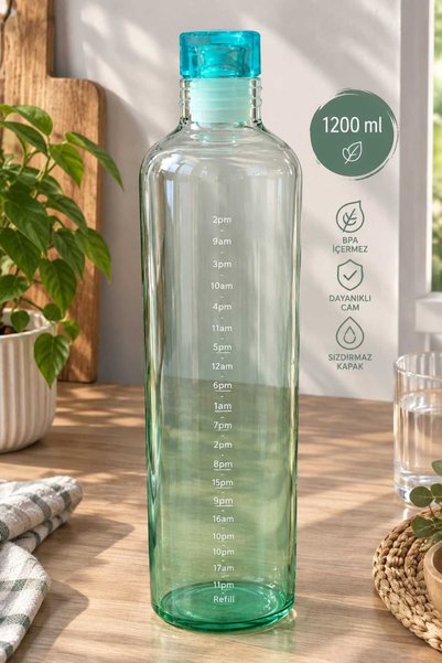 ÇEMİ Motivasyonel Zaman Çizelgeli Cam Su Matarası 1200 ml Sızdırmaz Kapak Yeş...