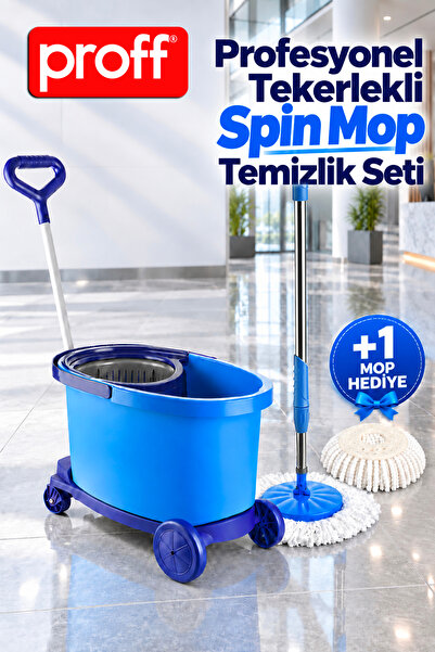 Proff Profesyonel Tekerlekli Spin Mop Temizlik Seti - Çekme Kollu Döner Başlı...
