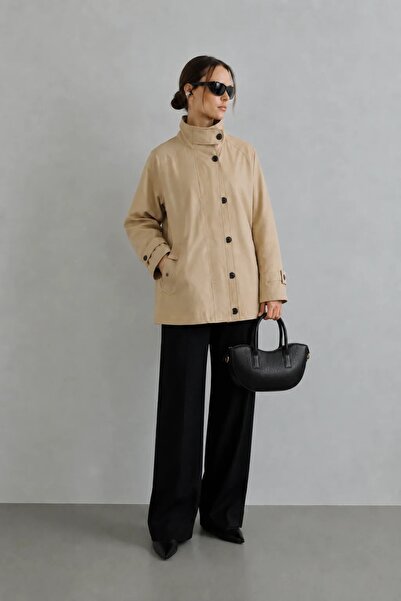 Yefrastore Women's Beige Stand Collar Zipper and Buttoned Lined Oversize Tren...