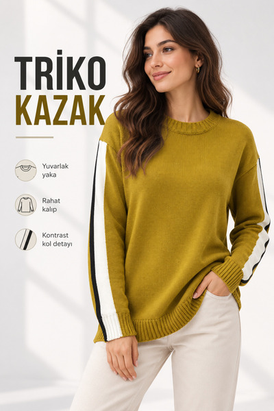 Miss Kiss Kadın Hardal Bisiklet Yaka Kontrast Kol Detaylı Rahat Kalıp Triko K...