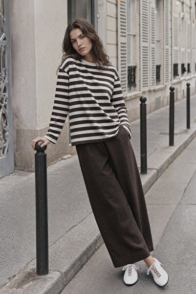 KADRİYE BAŞTÜRK Cotton Striped T-Shirt Brown