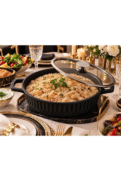 OMS Biogranit Ağır Döküm 30x8 Cm - 5,30 Litre Basık Tencere ( 3634 - Siyah )
