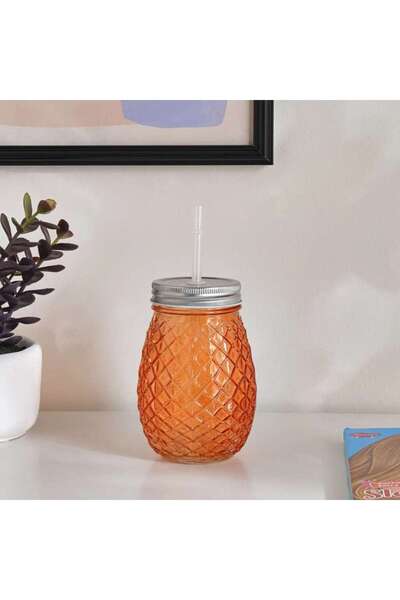 PAN HOME Aviva Glass Jar With Straw 500ml -orange