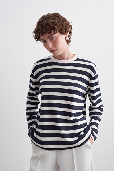 KADRİYE BAŞTÜRK Cotton Striped T-Shirt Navy Blue