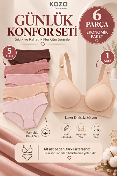 koza iç giyim Bra - 5-Piece Panty Set Daily Comfort — Seamless Bra Without Un...