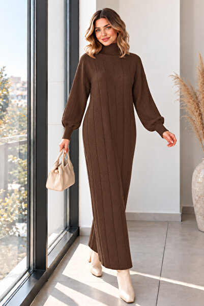 benguen High Collar Ribbed Knitwear Dress K3051 Brown