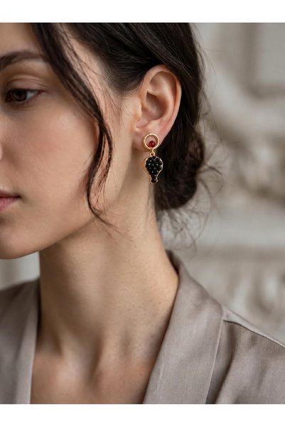 Beatis Handmade Women's Black Drop Stone and Red Stone Detailed Gold Color Dangle Earrings