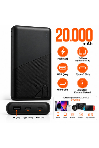 FABRON 20.000 mAh Powerbank Hızlı Şarj Çift Cihaz Şarj Taşınabilir Şarj Cihaz...