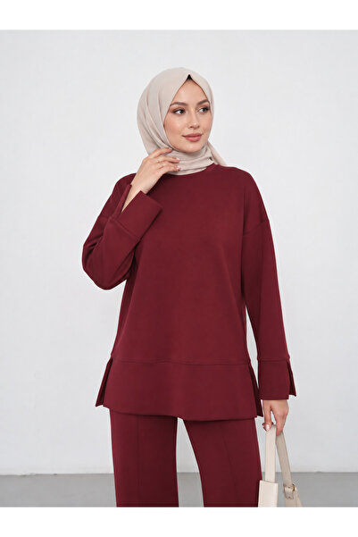umtlifes Women's Burgundy Slit Modal Fabric Crew Neck Oversize Hijab Tunic Sw...