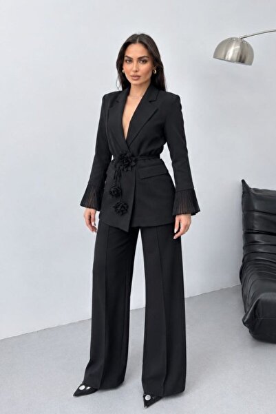msm fashion Γυναικείο κοστούμι με σακάκι και παντελόνι, κομψό, με φαρδιά μπατ...