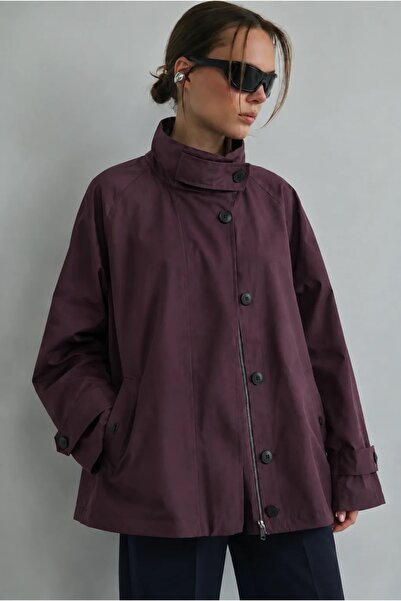 Yefrastore Women's Burgundy Stand Collar Zipper and Button Lined Oversized Tr...