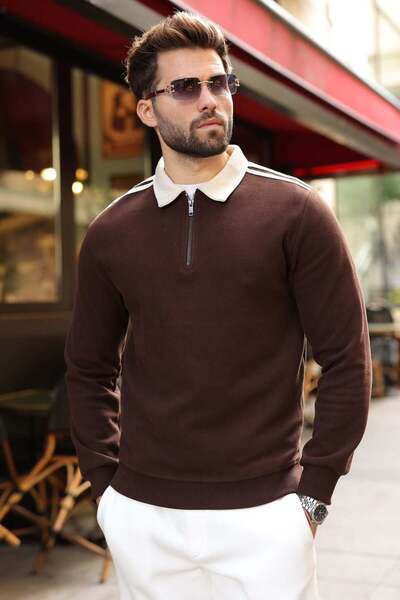 Madmext Bitter Brown Stripe Detailed Polo Collar Men's Sweatshirt E7212