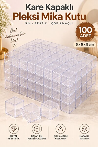 Bead Kare Kapaklı Pleksi Mika Kutu 5x5x5 cm Şeffaf Dekoratif Sunum ve Hediye ...