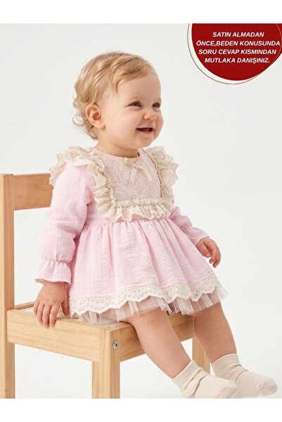 aysskids Florance Güpür Yakalı Uzun Kollu Özel Gün Bayramlık Kız Bebek Romper