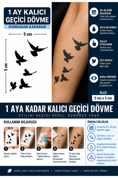 TattooLiva 1 Ay Kalıcı 24 Saat Sonra Kararan 5X5 cm KÜÇÜK BOY GÜVERCİN DÖVMES...