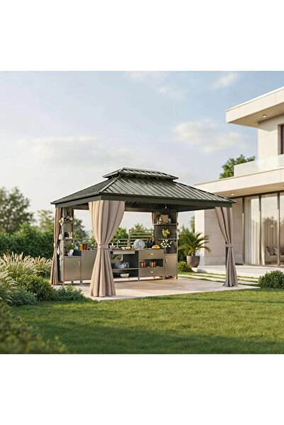 PAN HOME Golden Flame Gazebo 3x4 Curtain And Net With Integrated Outdoor Kitc...