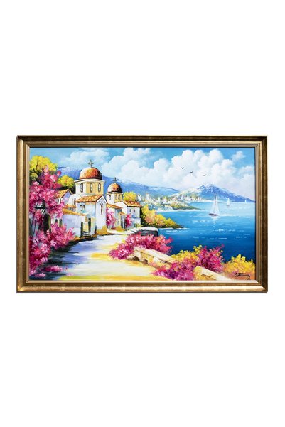 artnova Рамкирана ръчно рисувана гръцка пейзажна картина, Прекрасен ден, 110x...