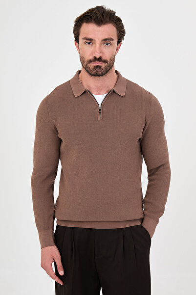 Mcr Ribbed Slim Fit Polo Collar Zippered Men's Cotton Knit Sweater Milk Coffe...