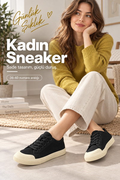 Miss Kiss Kadın Siyah Bez Sneaker Ekru Burun Detaylı Bağcıklı Düz Taban Günlü...