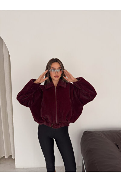 Bella Breeze Kadın Peluş Bomber Oversize Fermuarlı Kemer Detaylı Kısa Mevsiml...