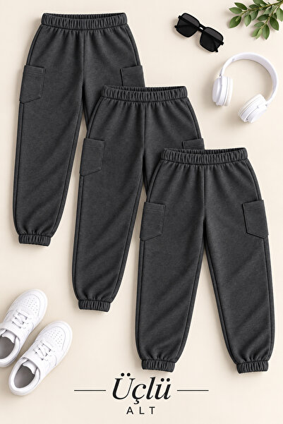 twins tailors Unisex 3-Pack Anthracite Children's Sweatpants with Elastic Wai...