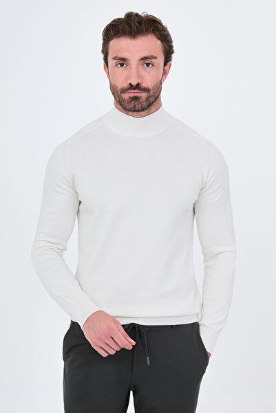 Mcr Plain Slim Fit Half Turtleneck Ribbed Cotton Men's Knitwear Sweater Ecru ...