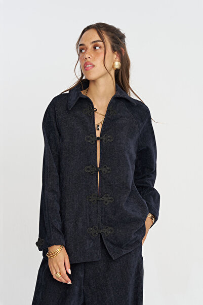Orfeo Negro Women's Chinese Buttoned Velvet Solid Color Shirt