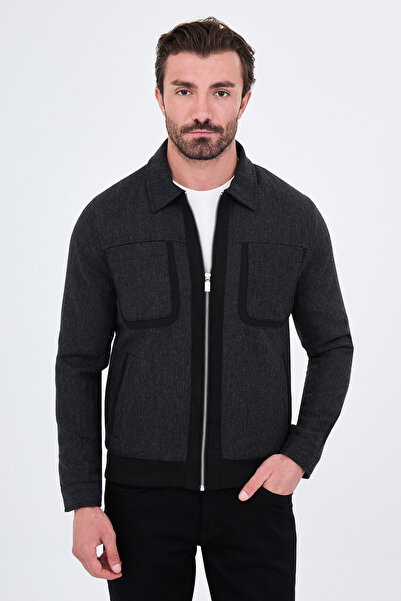 Mcr Textured Slim Fit Shirt Collar Zippered Wool Men's Coat Black - 39695.26K