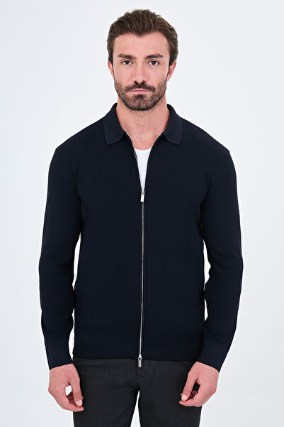 Mcr Plain Slim Fit Shirt Collar Zippered Cotton Men's Knitwear Cardigan Navy ...