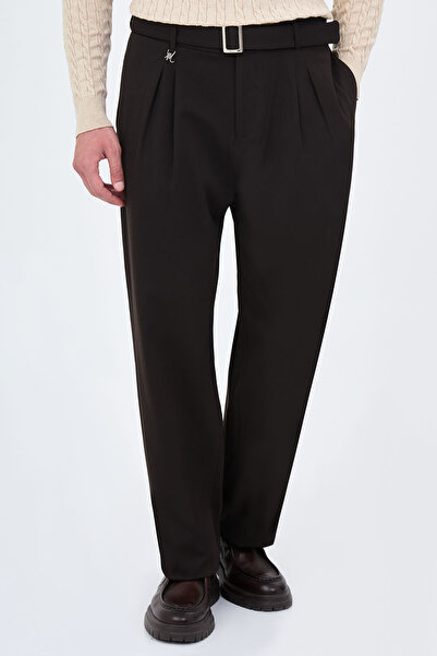 Mcr Straight Baggy Fit Double Pleated Belted Men's Trousers Brown - 38393.26K