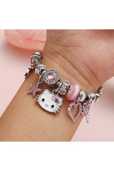 Lunarie Pembe Hello Kitty Figürlü Dolu Charm Kelepçe Bileklik – Gümüş Renk Ka...