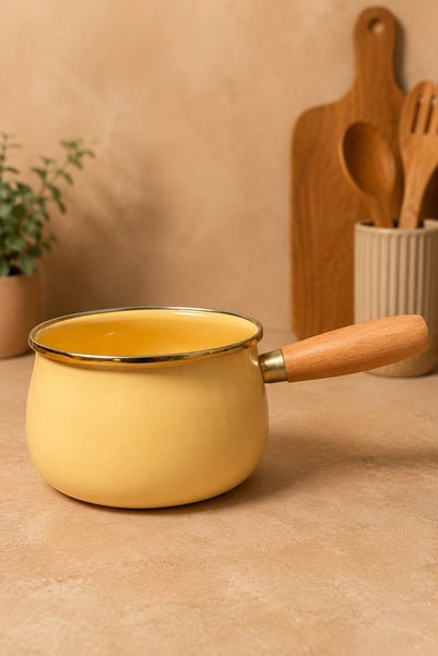 PR HOME Sarı Emaye Ahşap Saplı Bombeli Haşlama ve Sos Tavası 14 cm