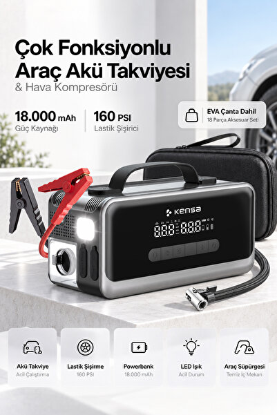Kensa Araç Süpürgeli Akü Takviyeli Jump Starter & 160 PSI Kompresör Araç Kiti...
