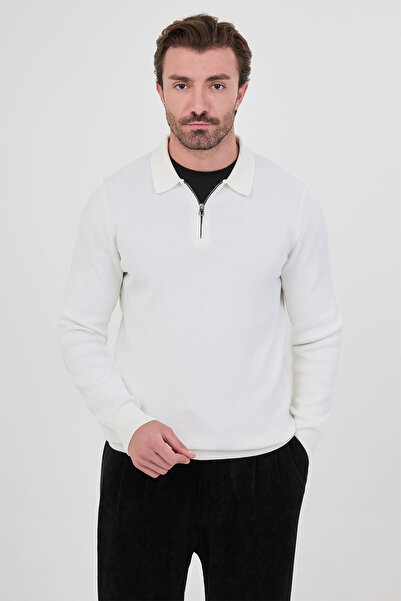 Mcr Ribbed Slim Fit Polo Collar Zippered Men's Cotton Knit Sweater Ecru - 116...