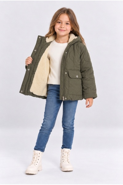 AHENGİM Girl's Hooded Soft Lined Winter Coat with Pockets Khaki Powder Black ...